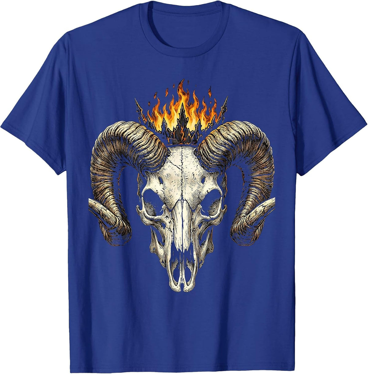 Horned Skull Burning Crown Death Metal Graphic T-Shirt - Royal Blue