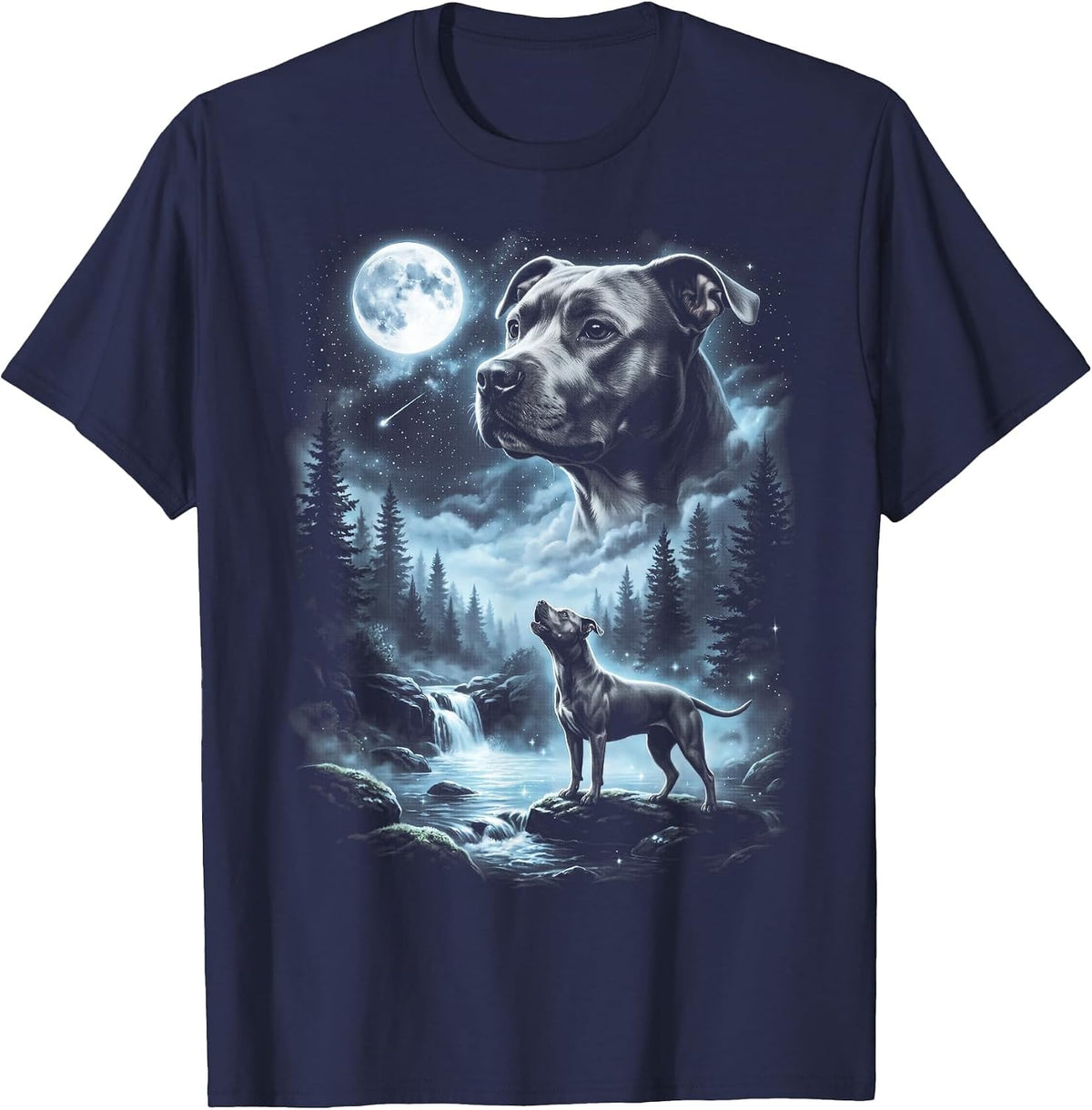 Pitbull Howling to the Moon Retro 90's Pittie Dog T-Shirt - Navy Blue