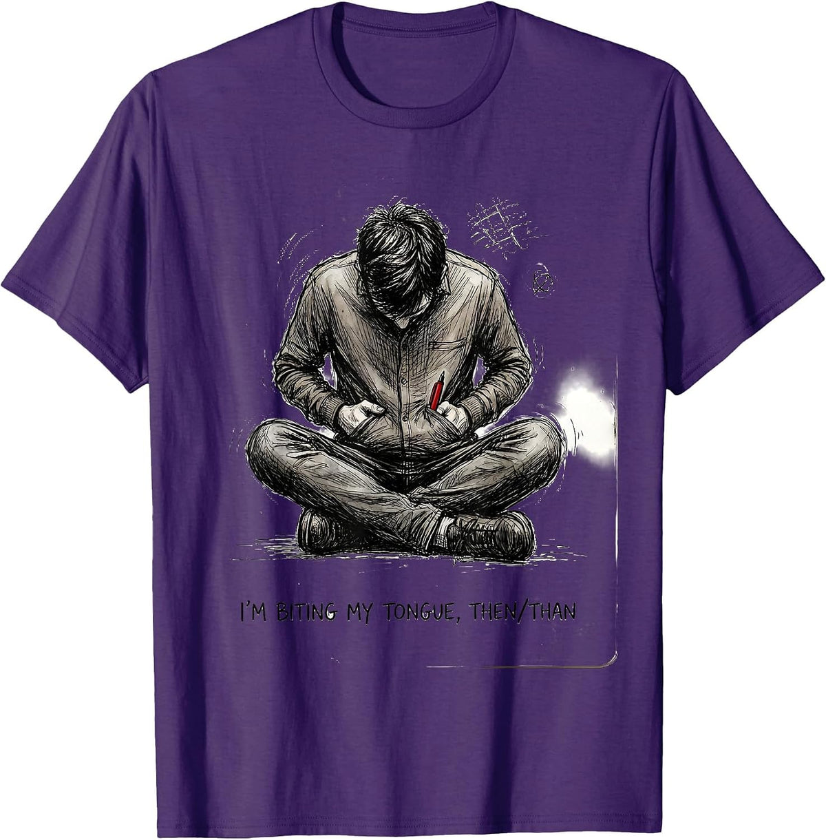 Men's I'm Biting My Tongue, Then/Than Funny Grammar Teacher Humor T-Shirt - Purple