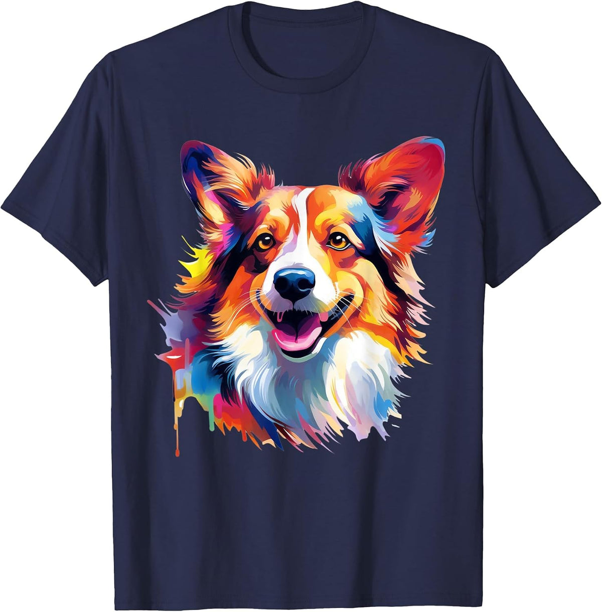 Welsh Corgi Pembroke Portrait | Portrait Colour Artwork T-Shirt - Navy Blue