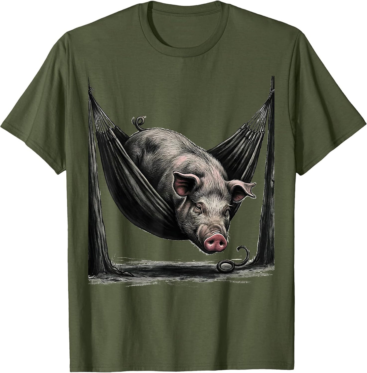 Sagging Hammock Pig Farm Animal Humor Novelty T-Shirt - Olive Green