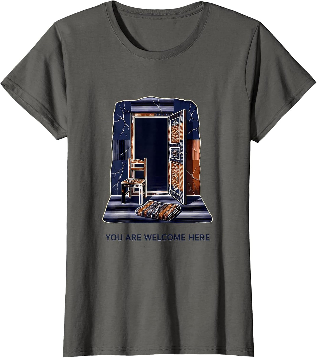Women's You Are Welcome Here Batik Wax Resist Mental Health T-Shirt - Asphalt Grey