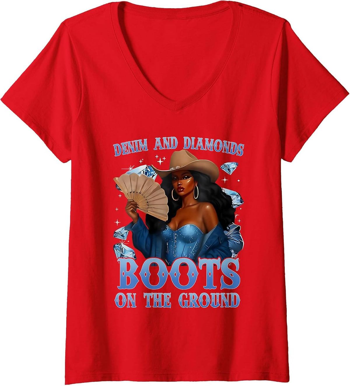 Women's Western Cowgirl Denim and Diamonds Boots On Ground Afro Girl V-Neck T-Shirt - Red
