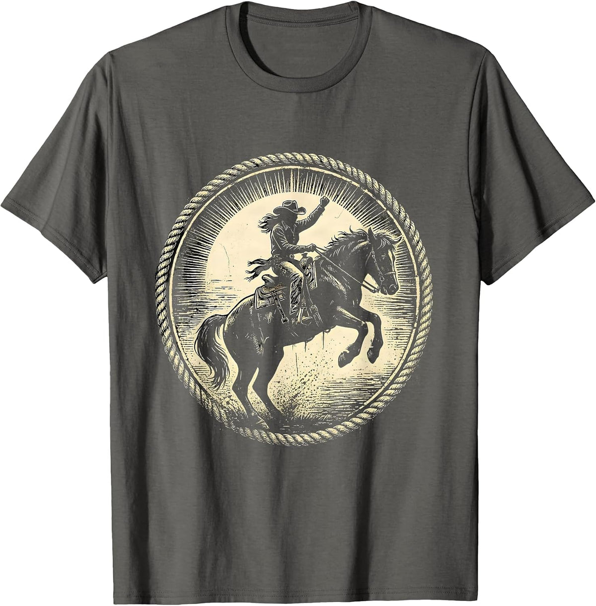 Men's Cowgirl Bucking Bronco Sunset Rodeo Design T-Shirt - Asphalt Grey