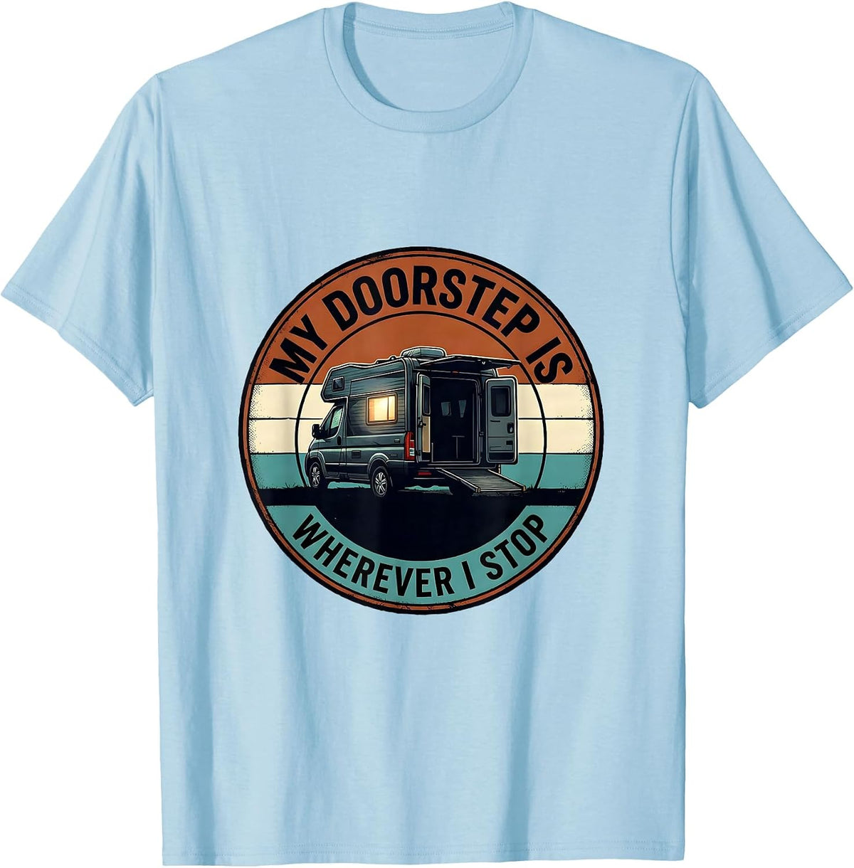 Men's My Doorstep Is Wherever I Stop Retro Van Life Road Trip T-Shirt - Baby Blue