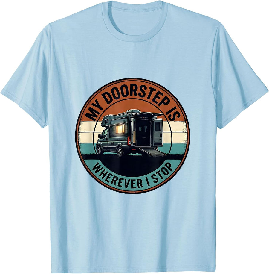 Men's My Doorstep Is Wherever I Stop Retro Van Life Road Trip T-Shirt - Baby Blue