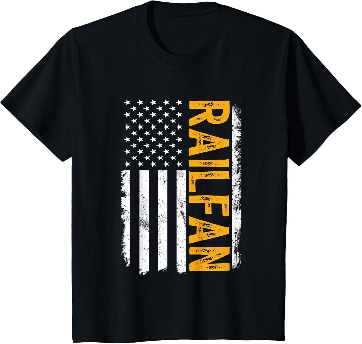 Railfan American Flag, Train Buff, Rail Buff, Trainspotter T-Shirt - Black