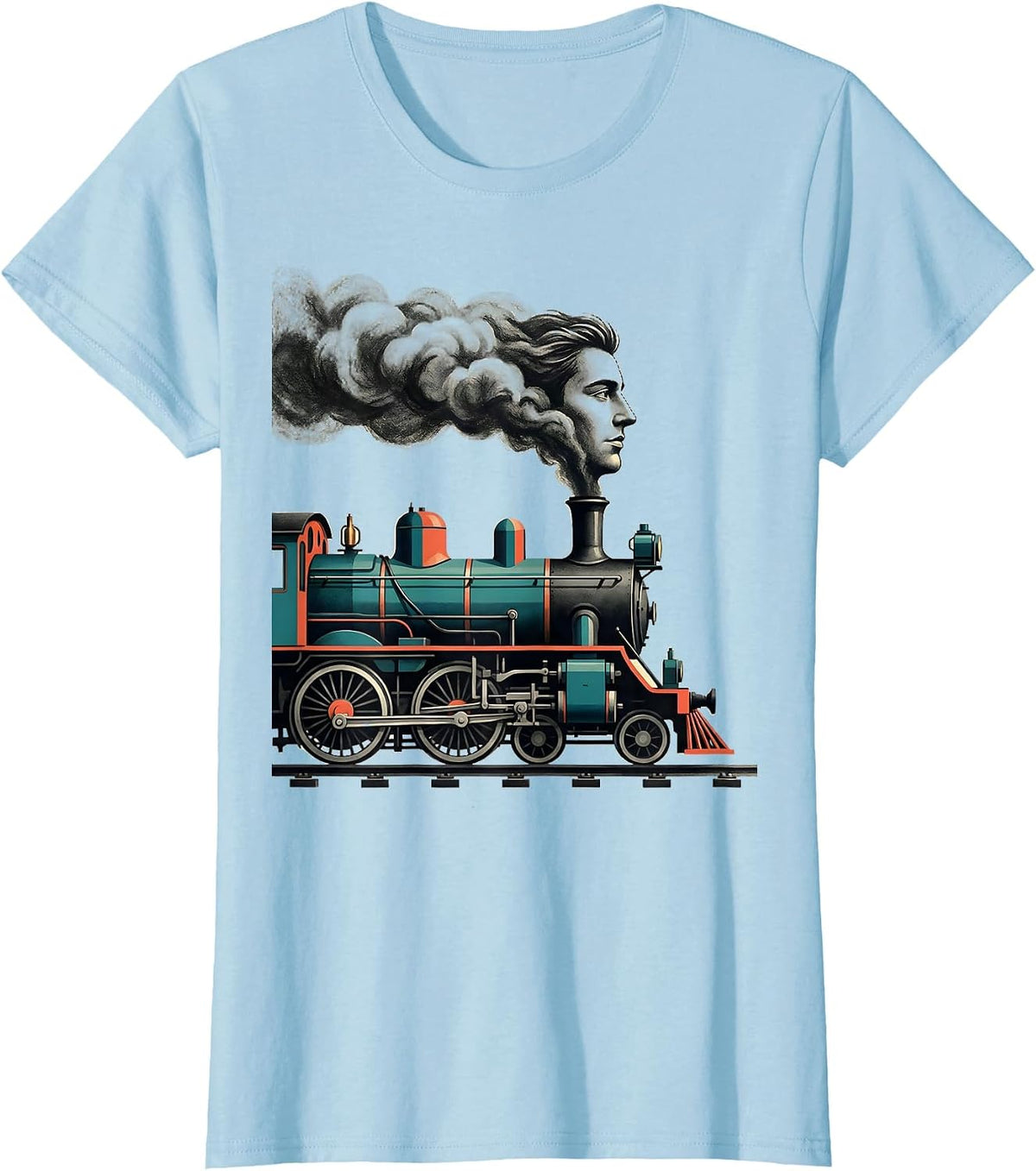 Steam Locomotive Profile Midcentury Modern Train Enthusiast T-Shirt - Baby Blue