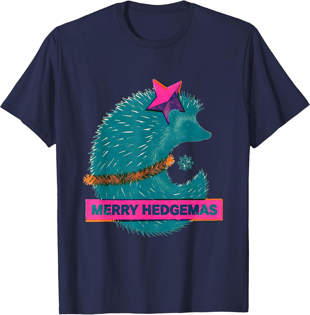 Merry Hedgemas Risograph Hedgehog Christmas Star Humor Gift T-Shirt - Navy Blue