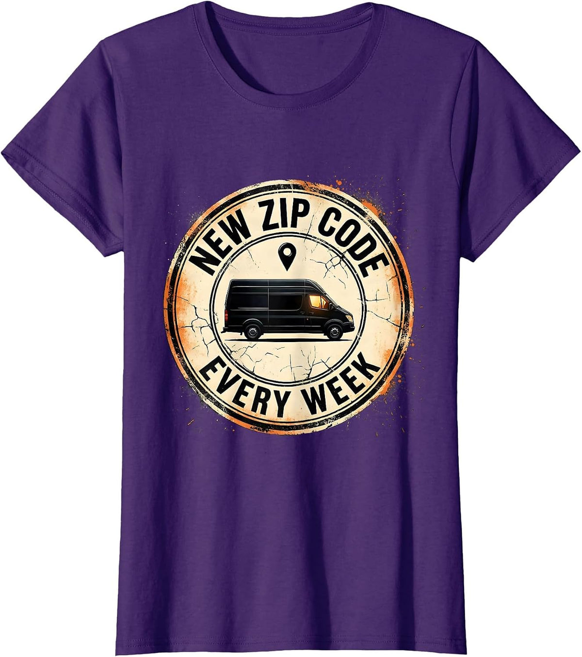 Women's New Zip Code Every Week Distressed Van Life Retro Road Trip T-Shirt - Purple