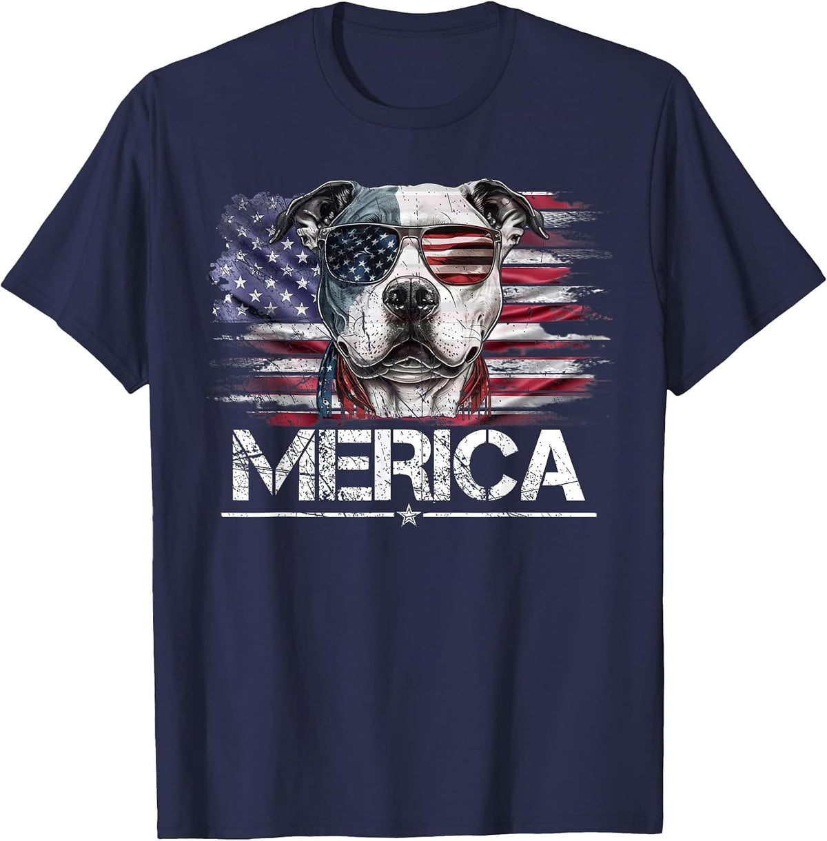 Vintage Pitbull Dog, Merica Pittie Dog USA Flag Funny T-Shirt - Navy Blue