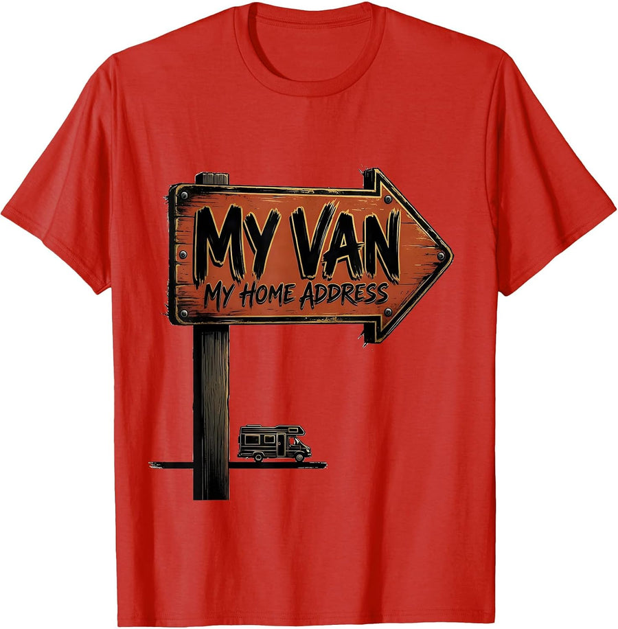 Men's My Van, My Home Address Nostalgic Van Life Road Trip T-Shirt - Red