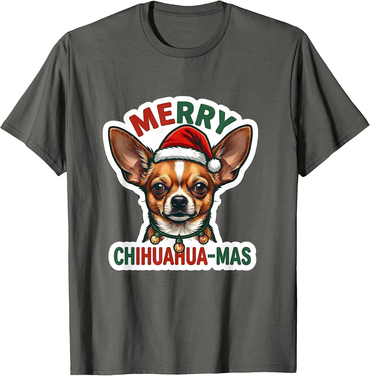 Merry Chihuahua-mas Funny Christmas Dog Breed Lights Novelty T-Shirt - Asphalt Grey
