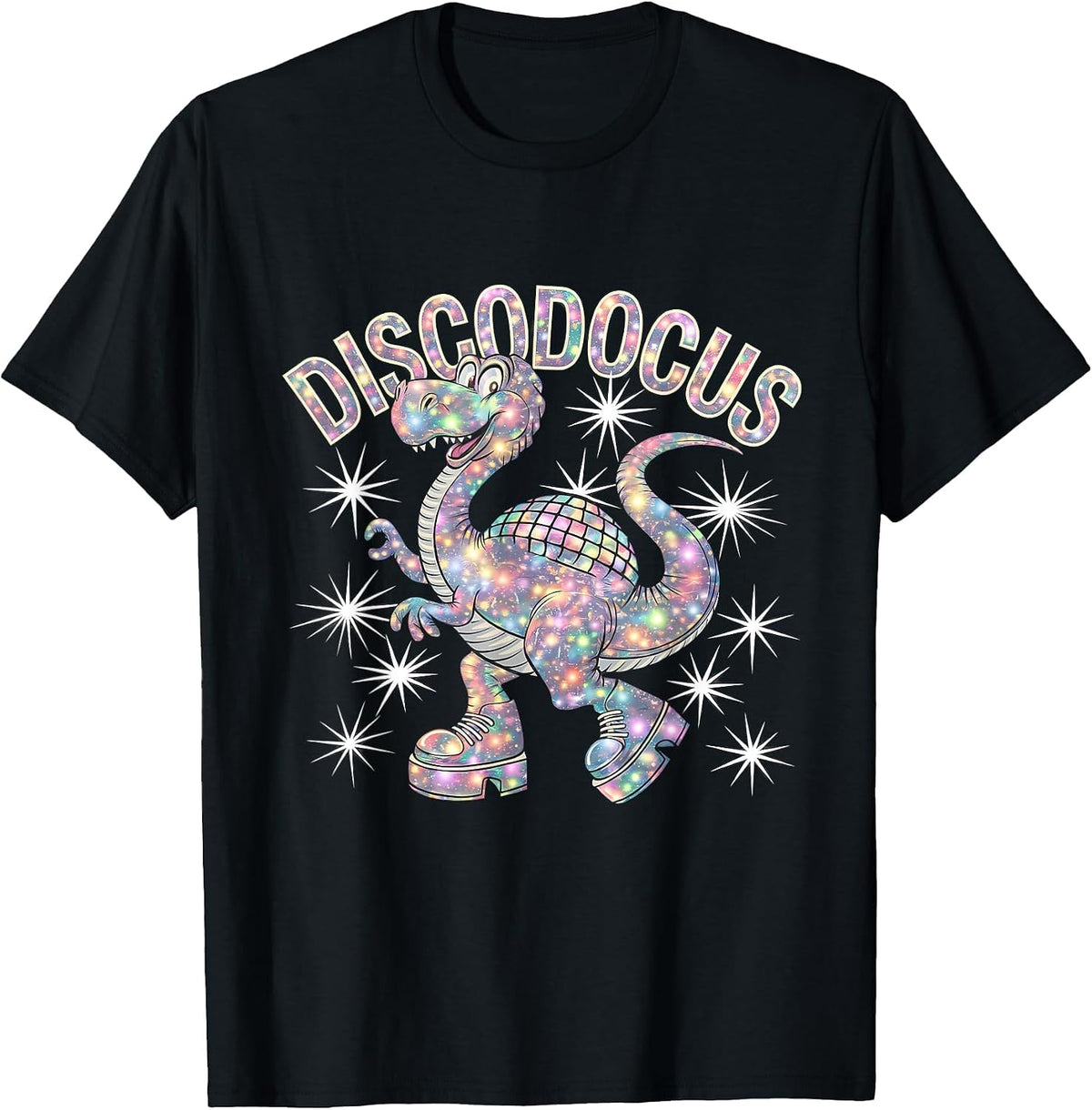 Disco Ball Diplodocus Dinosaur 70s Funny Disco Dance Party T-Shirt - Black