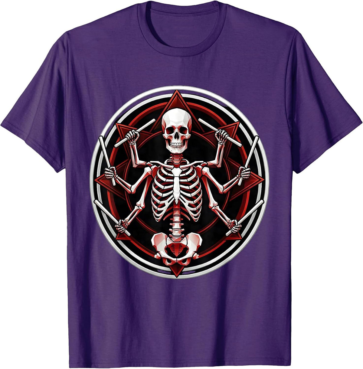 Men's Multi-Armed Skeleton Drummer Metal Band Graphic T-Shirt - Purple
