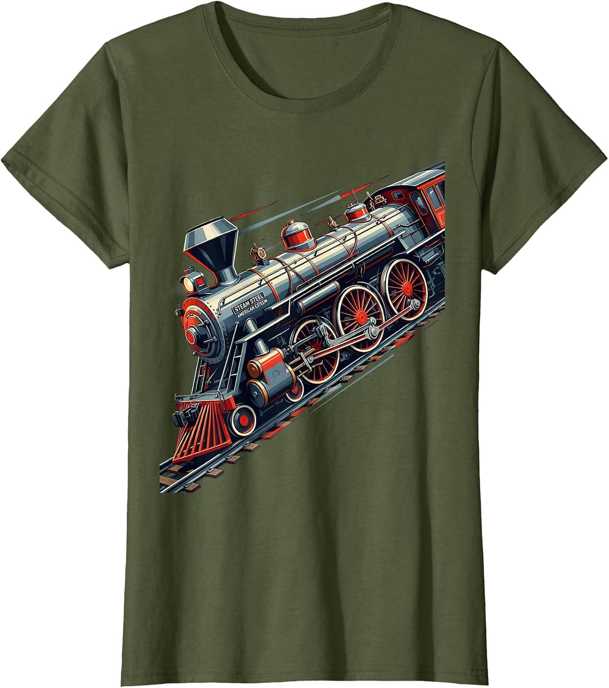 Women's Steam Steel American Esteem Futurist Train Enthusiast T-Shirt - Olive Green