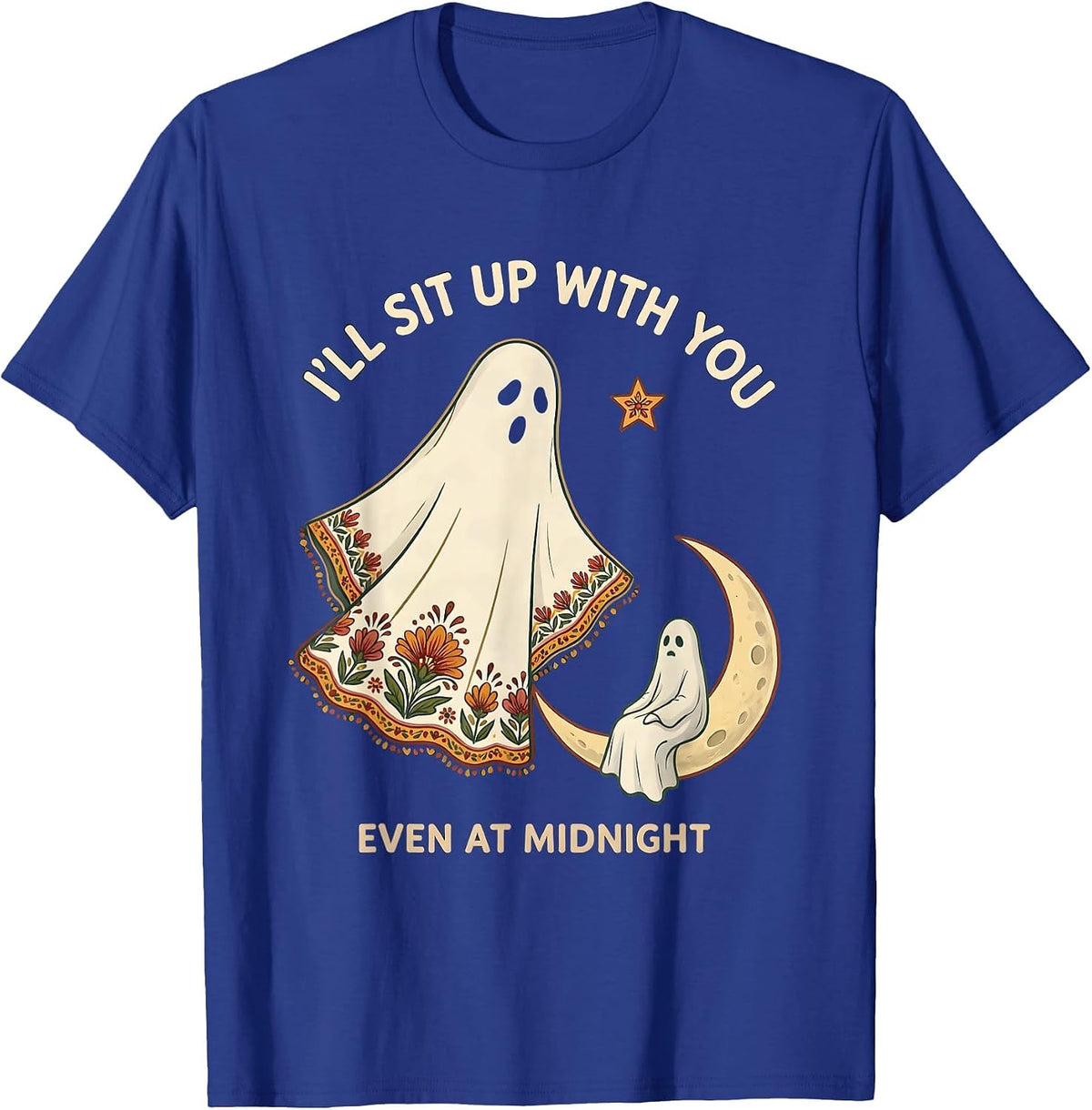 Men's I'll Sit Up With You, Even At Midnight Folk Art Ghost T-Shirt - Royal Blue
