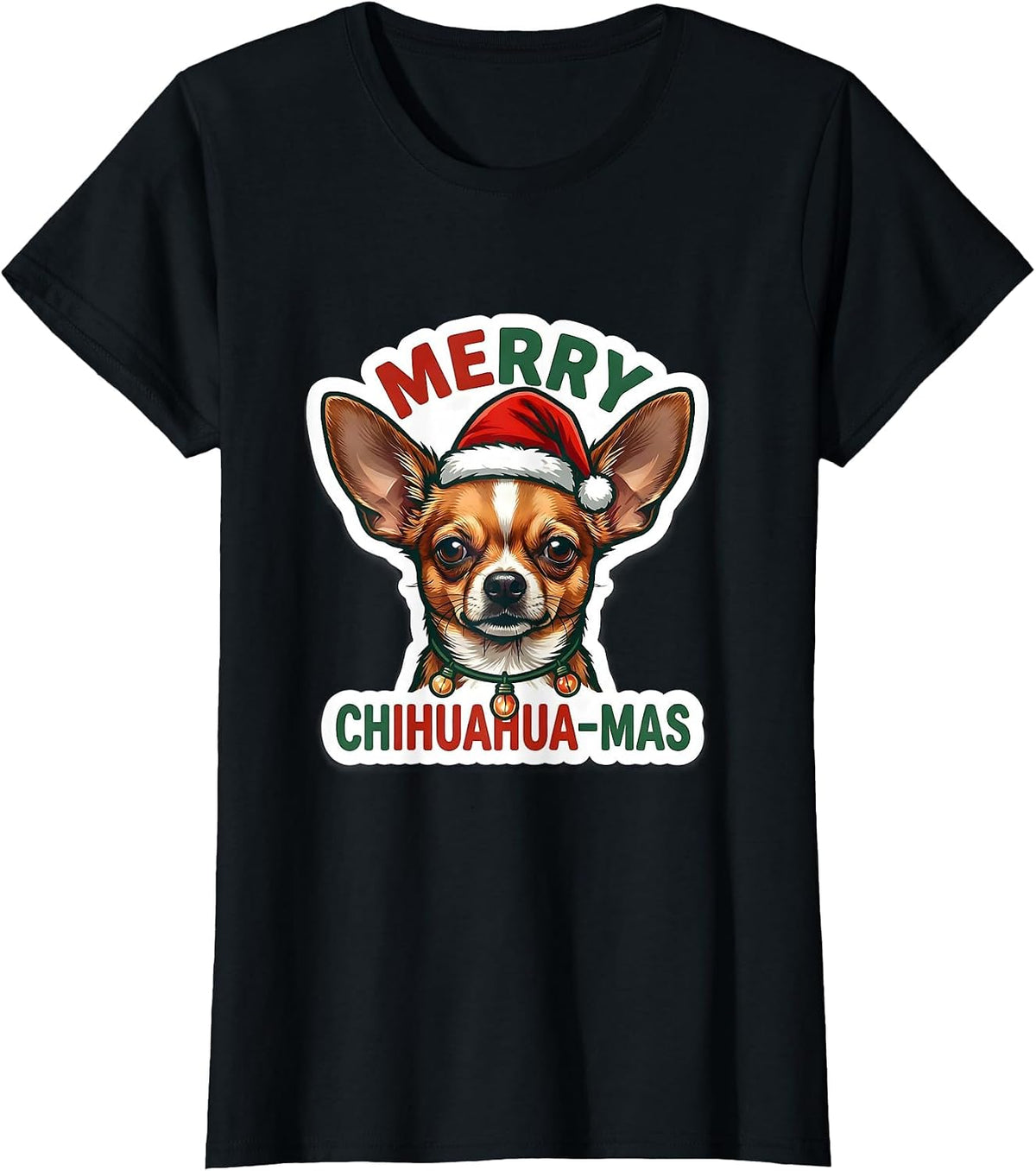Merry Chihuahua-mas Funny Christmas Dog Breed Lights Novelty T-Shirt - Black