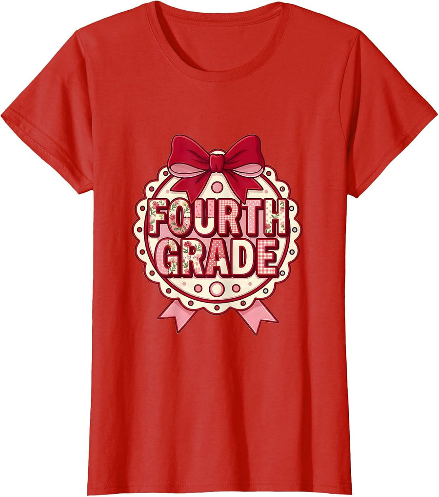 Women's Fourth Grade Coquette Ribbon Back To School Teacher Girl T-Shirt - Red
