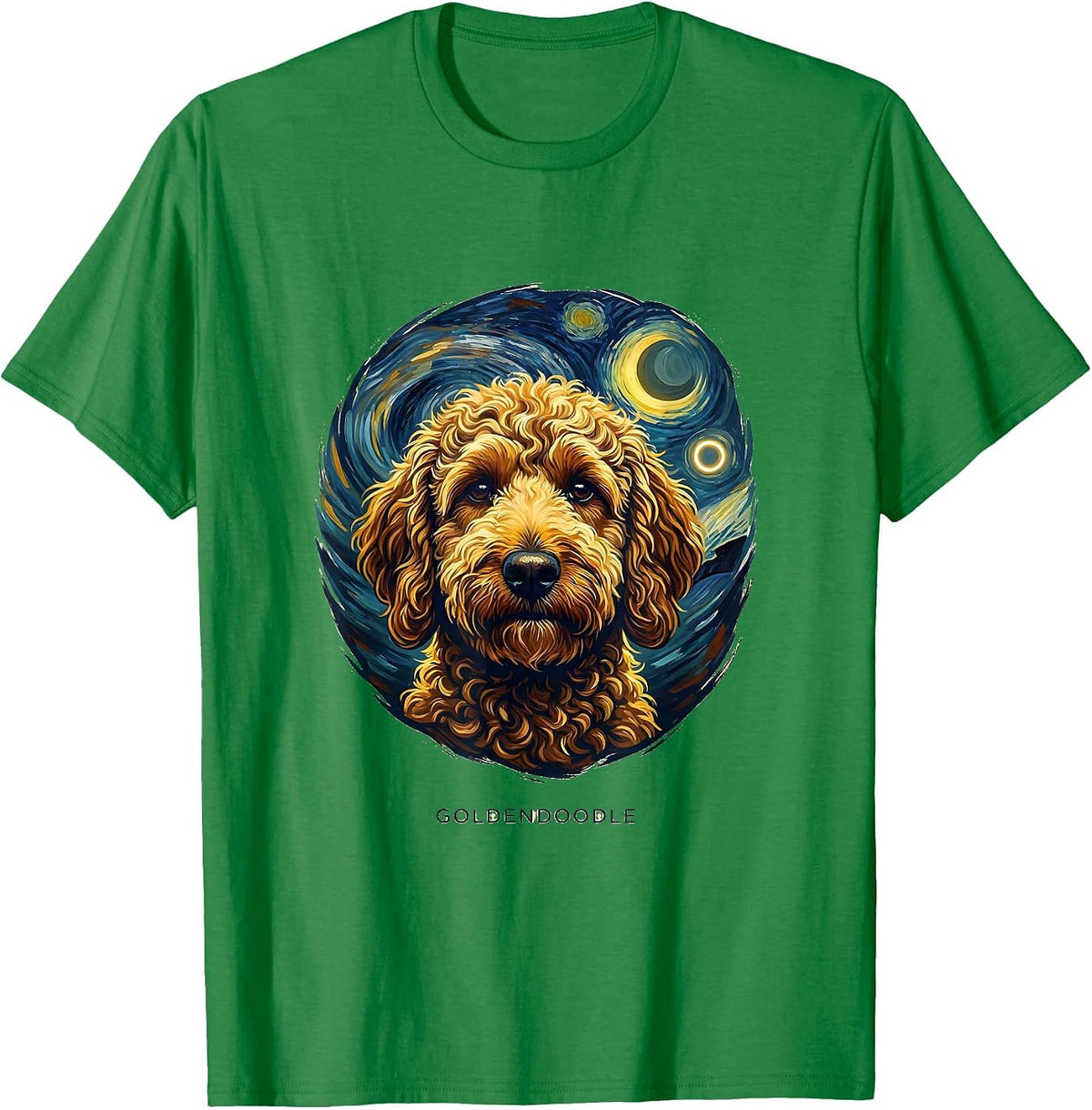 Men's GOLDENDOODLE Van Gogh Style Starry Night Dog Portrait T-Shirt - Kelly Green