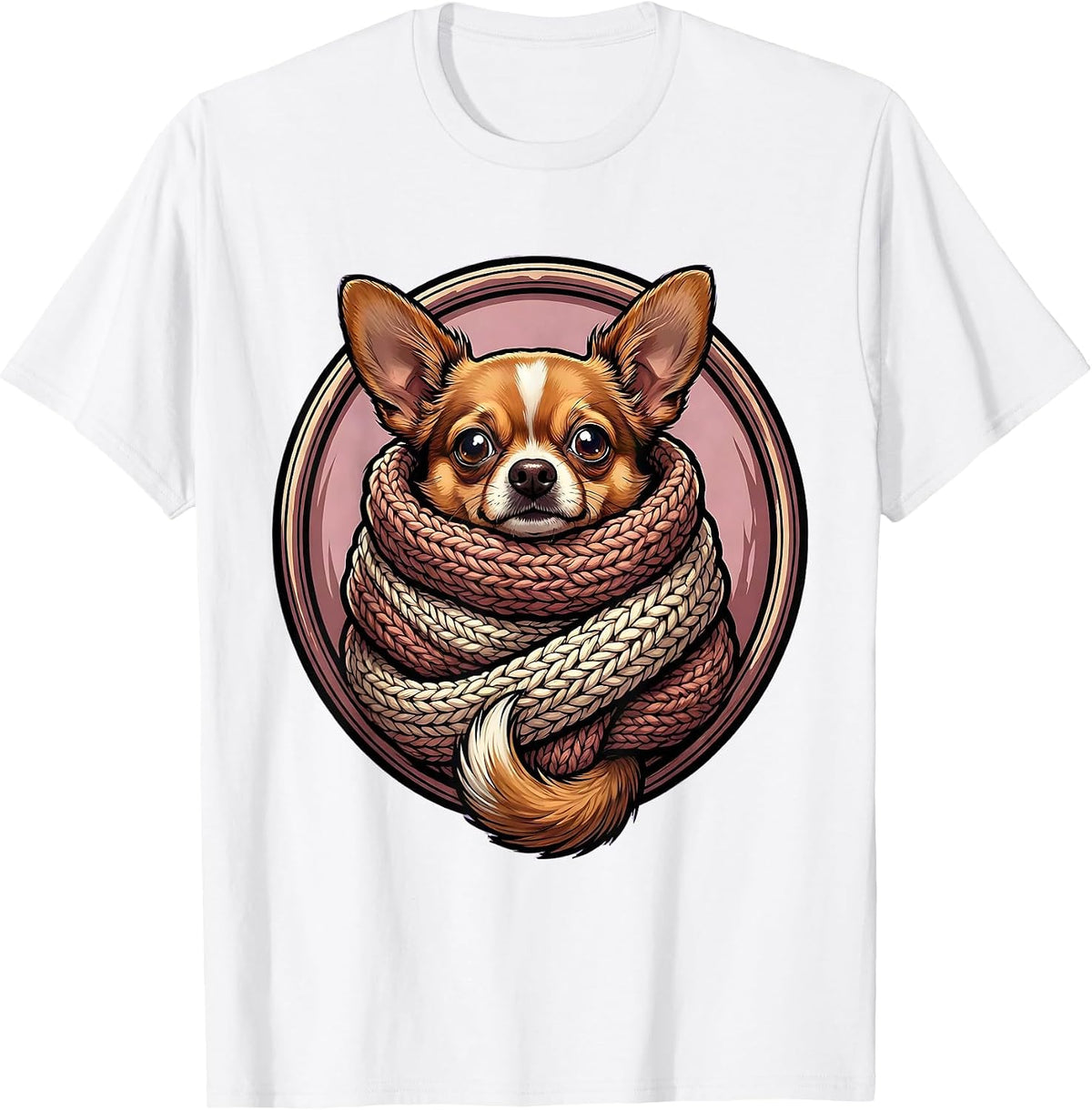 Men's Cozy Chihuahua Bundled in Oversized Knit Scarf T-Shirt - White