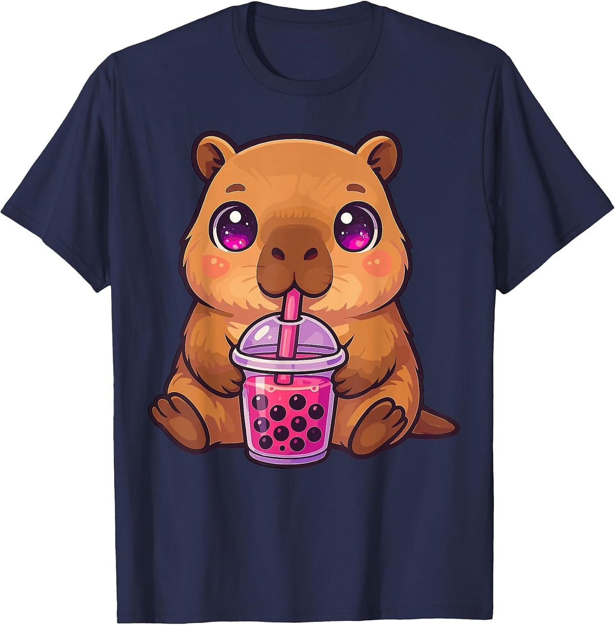 Capybara with Bubble Tea Boba Tea Cute T-Shirt - Navy Blue