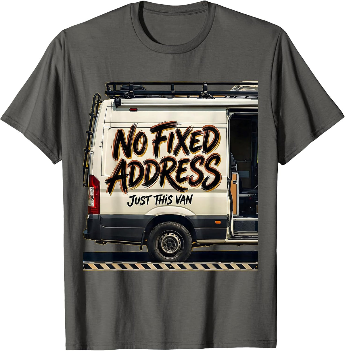 Men's No Fixed Address, Just This Van Vintage Van Life Nomad Road T-Shirt - Asphalt Grey