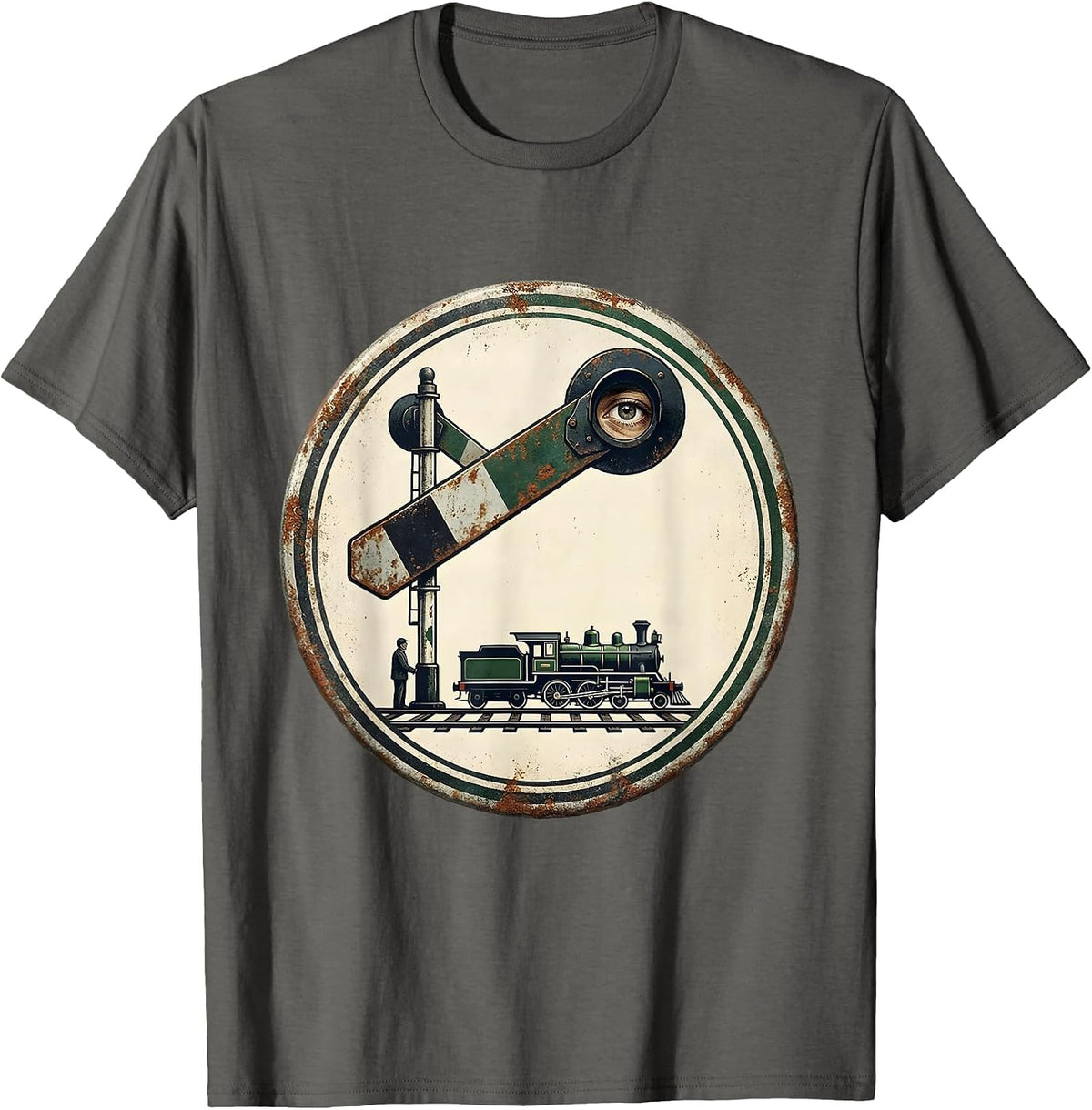 Vintage Steam Locomotive Train Enthusiast Badge T-Shirt - Asphalt Grey