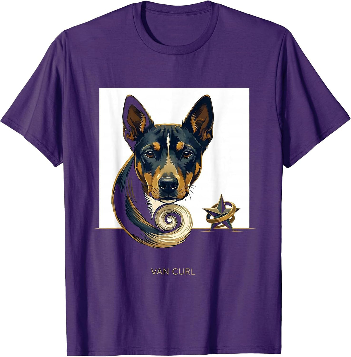 Men's Van Curl Minimalist Basenji Starry Night Dog Portrait Art T-Shirt - Purple