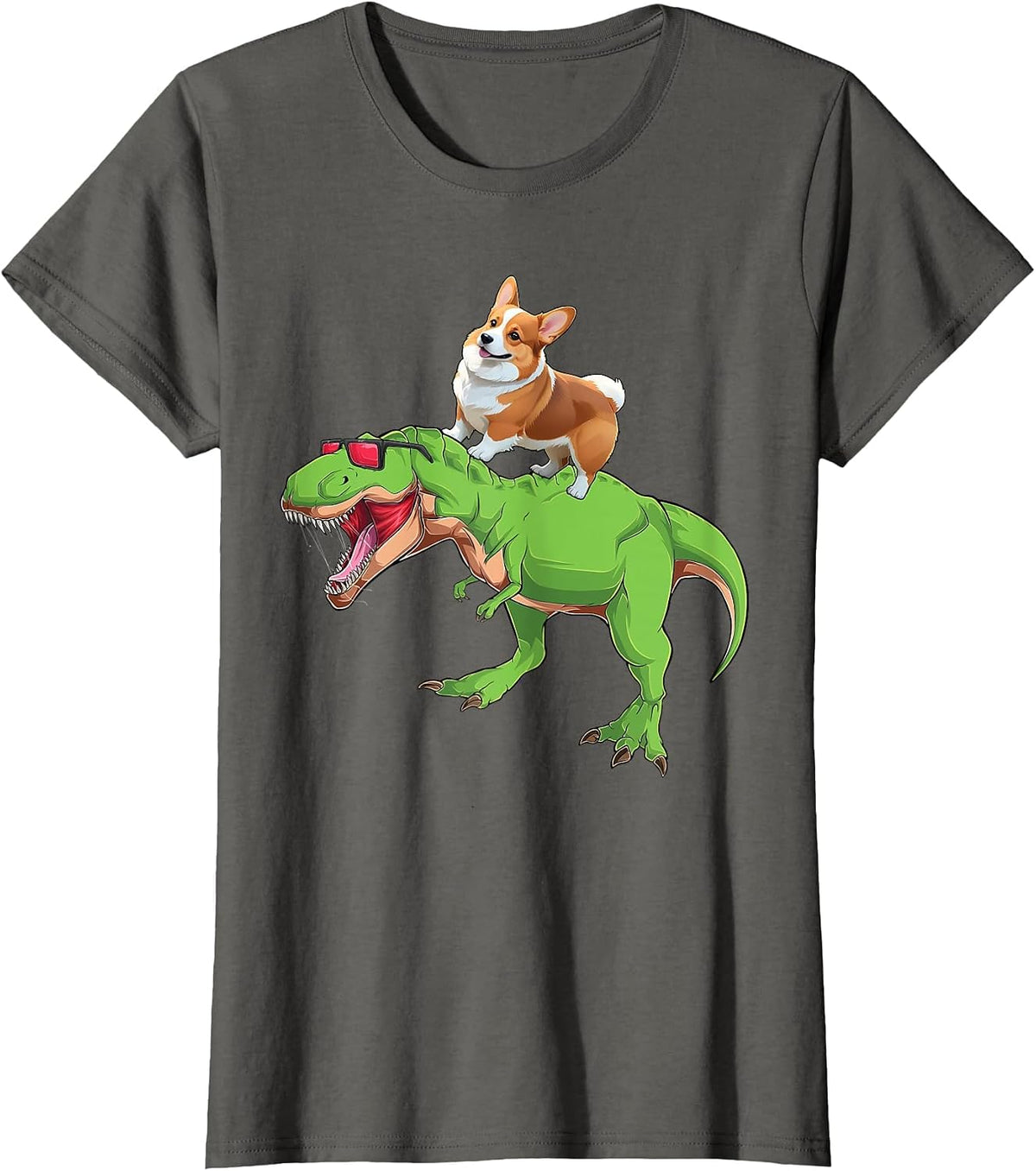Corgi Riding Dinosaur T Rex Dog Funny Corgi Space Kids Boys T-Shirt - Asphalt Grey