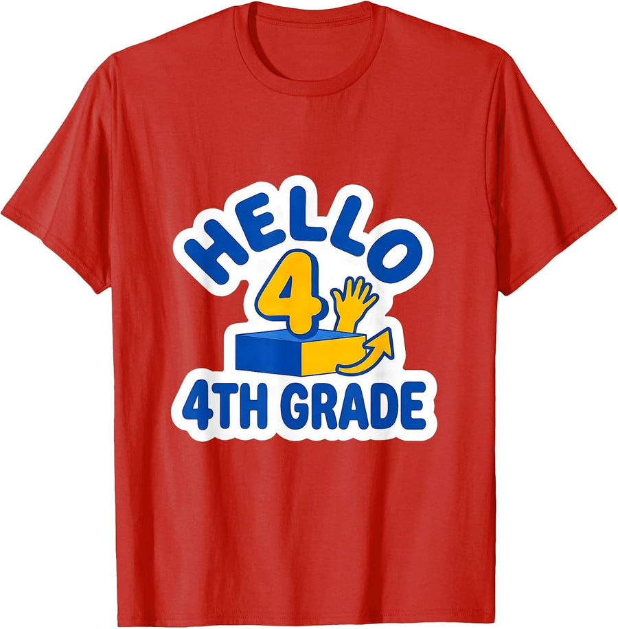 Men's Hello, 4th Grade Sticker Back To School Teacher Student Gift T-Shirt - Red