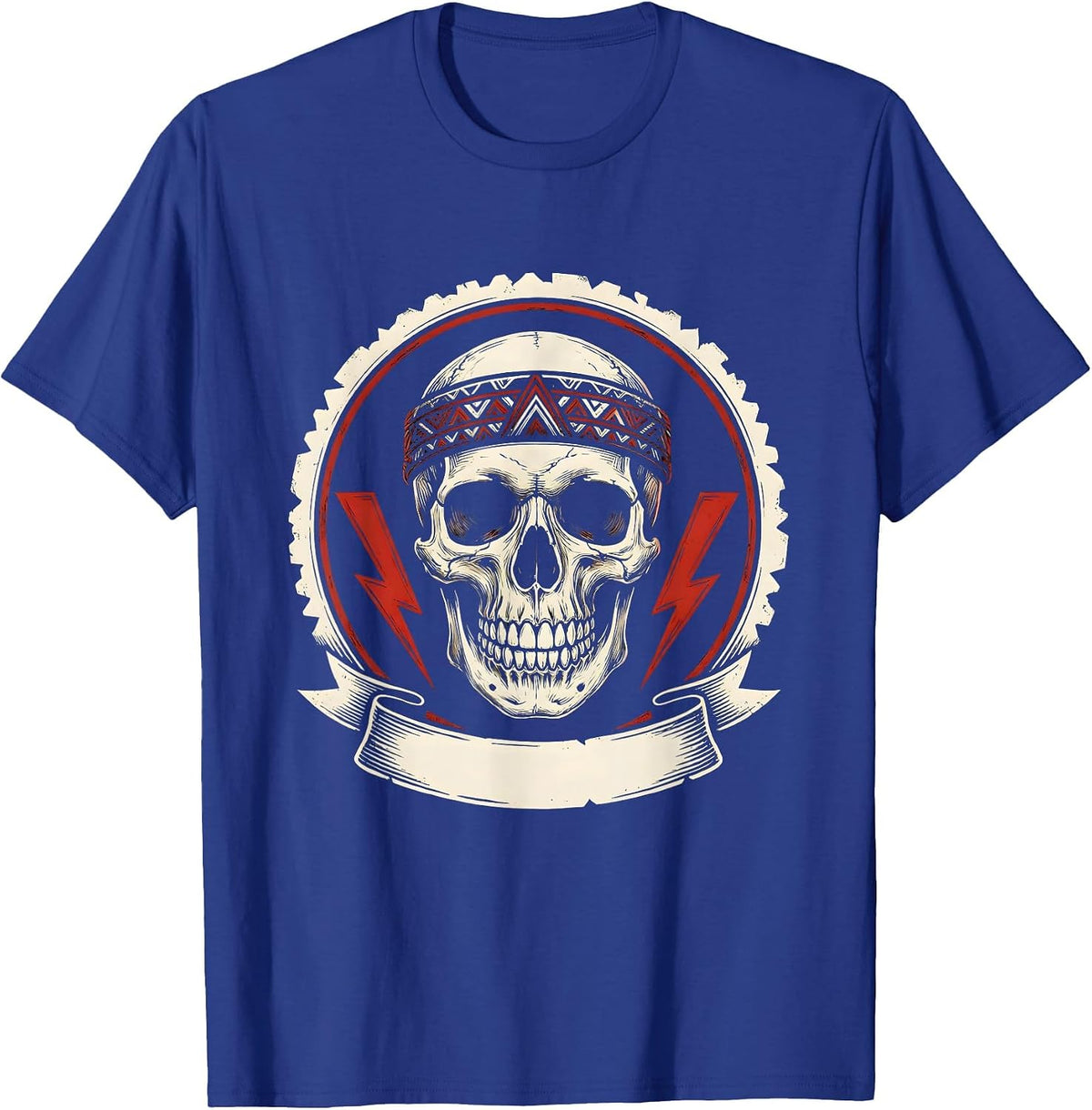 Rock Skull Vintage Headband Graphic Design T-Shirt - Royal Blue