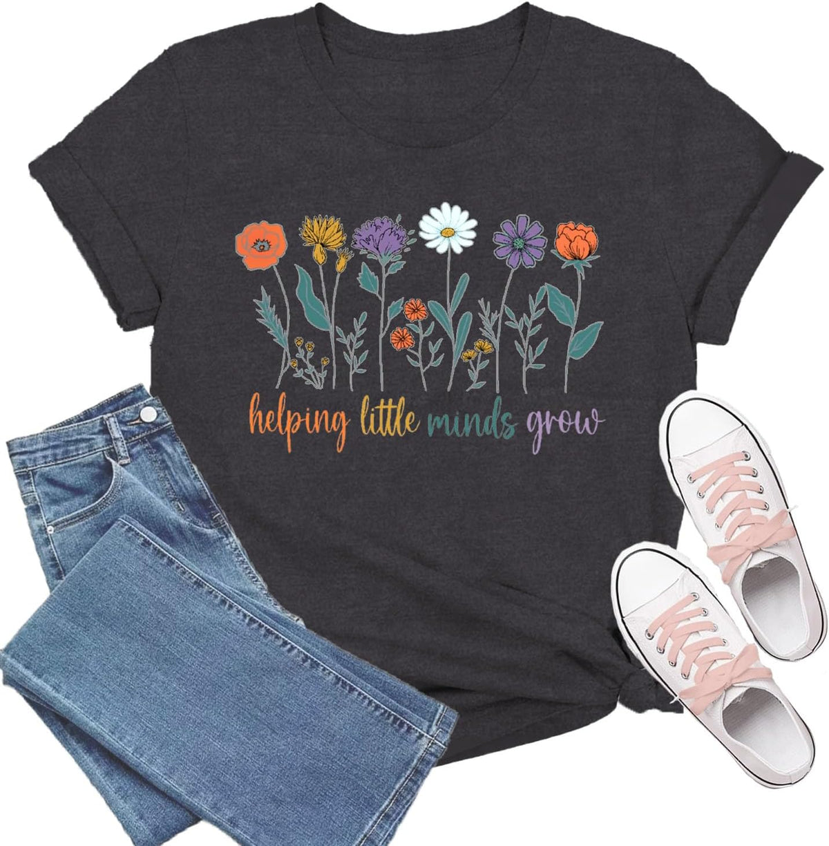 Teacher Shirt for Women Preschool Teacher Tshirt Helping Little Minds Grow Tee Top - Grey