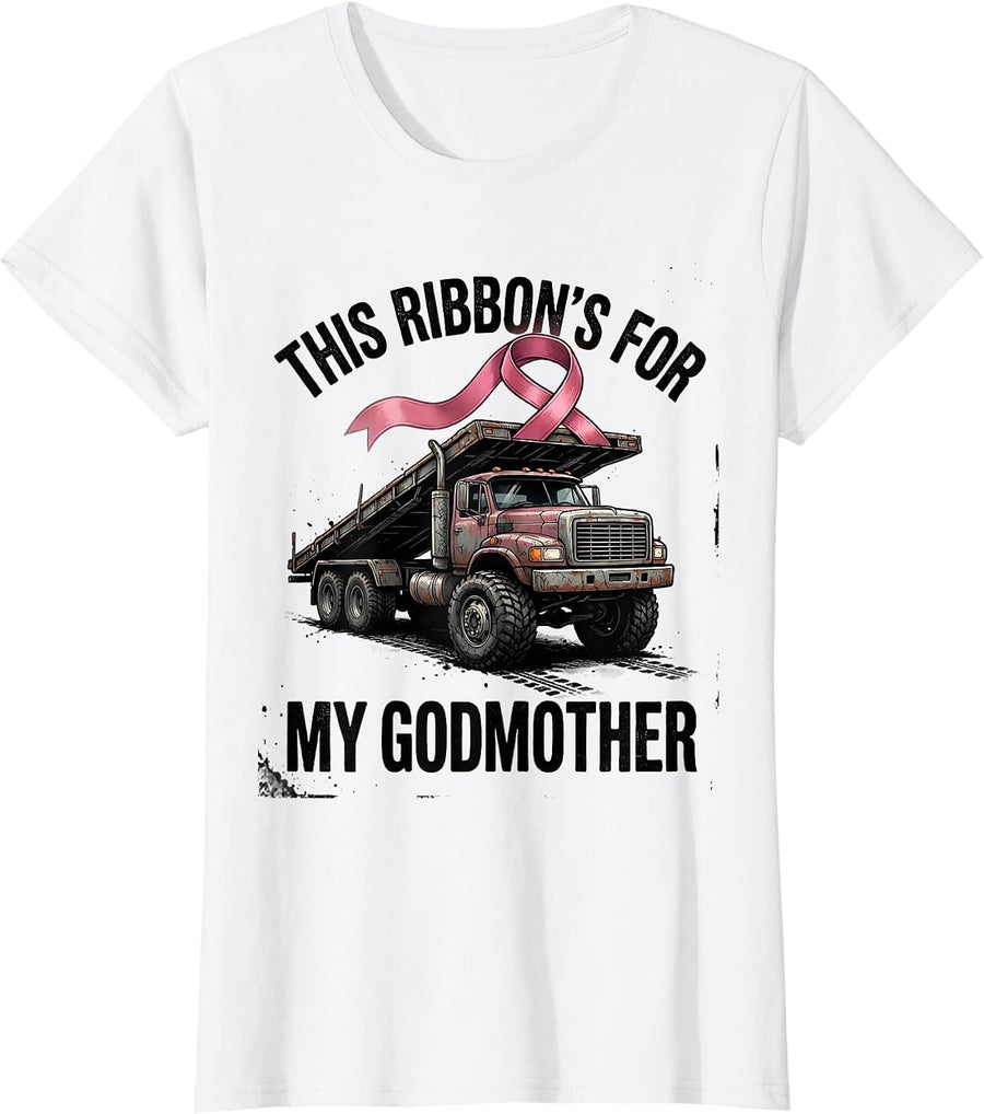 Women's This Ribbon's For My Godmother Distressed Monster Truck T-Shirt - White