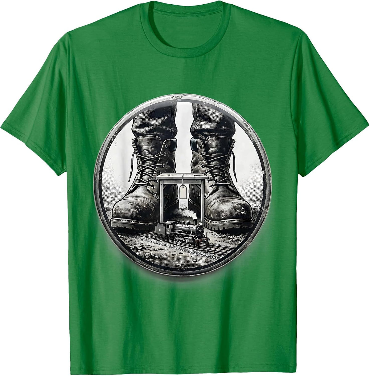 Men's Sealed Boot Train Hobbyist Model Railroad Locomotive Humor T-Shirt - Kelly Green