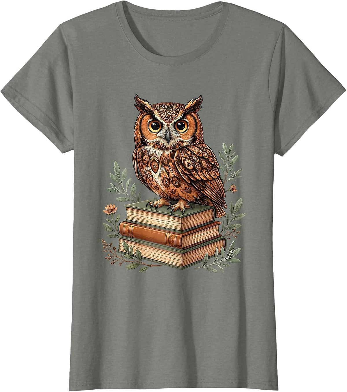 5th Grade Teacher Owl on Textbooks Illustration T-Shirt - Olive Heather