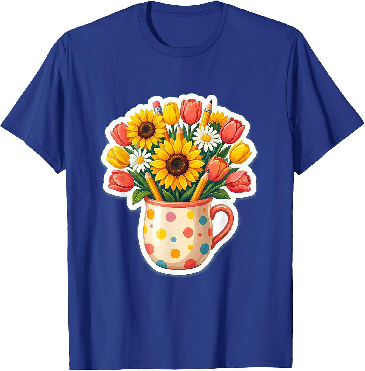 Friyay Teacher Floral Pencil Cup Illustration T-Shirt - Royal Blue