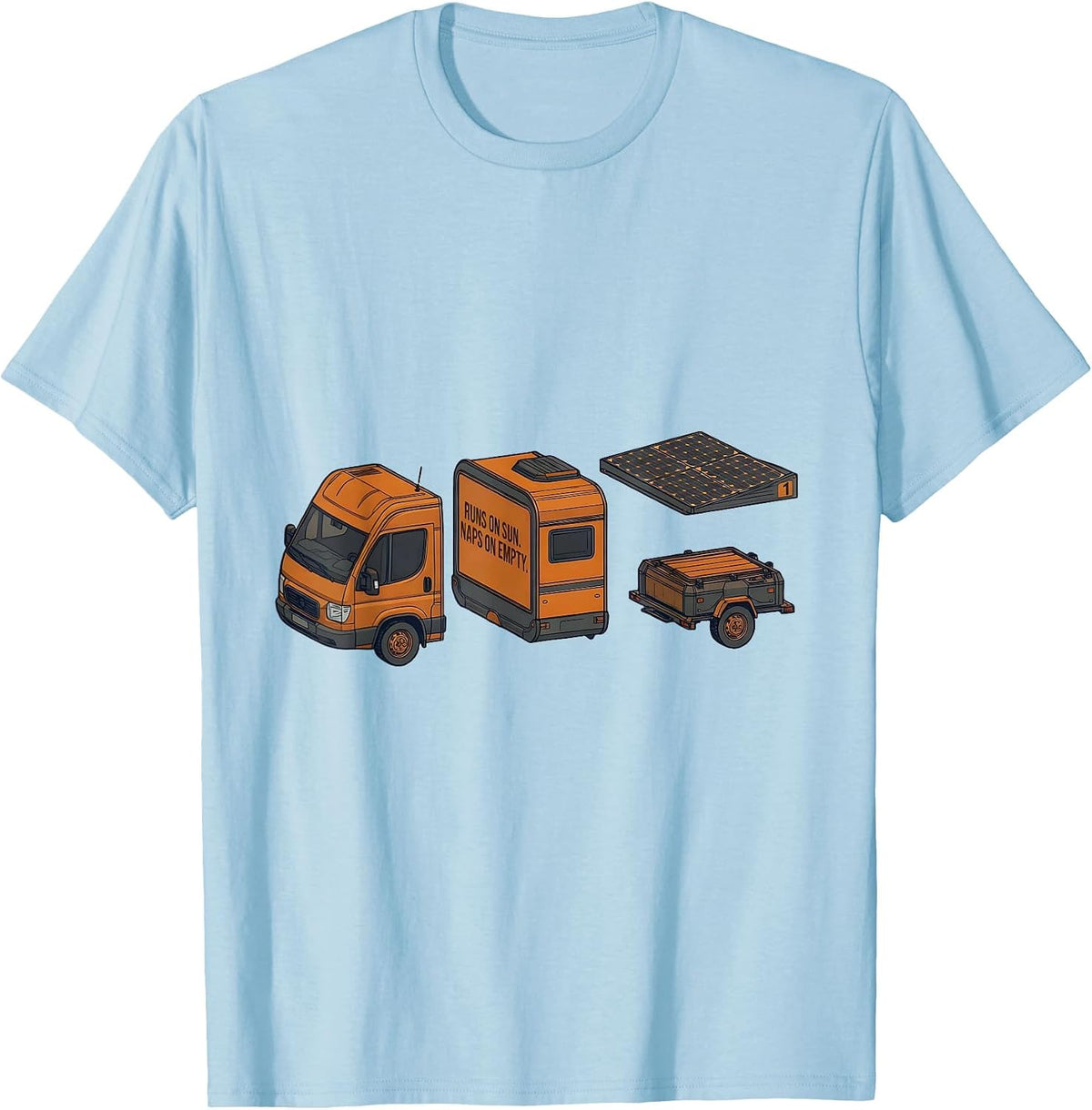 Runs On Sun Naps On Empty Retro Van Life Nomad Travel Pride T-Shirt - Baby Blue
