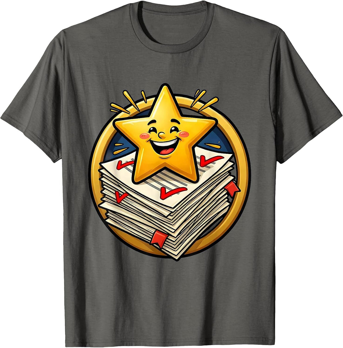 4th Grade Teacher Graded Papers Gold Star Design T-Shirt - Asphalt Grey