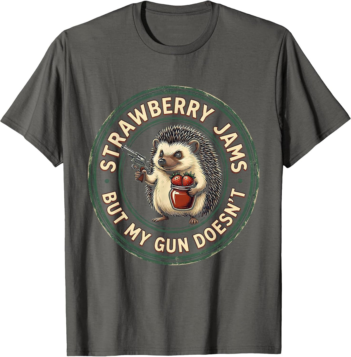 Strawberry Jams But My Gun Doesn't Funny Hedgehog Vintage T-Shirt - Asphalt Grey