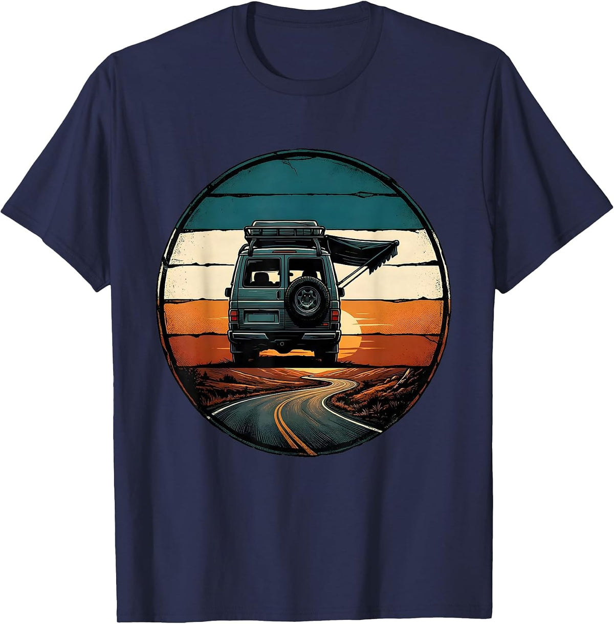 Retro Camper Van Life Road Trip Badge T-Shirt - Navy Blue