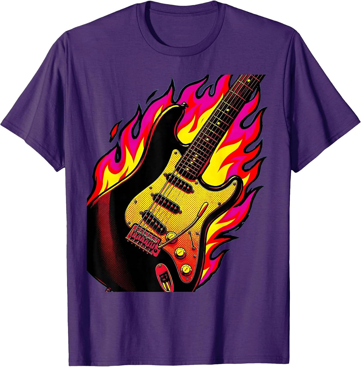 Flaming Electric Guitar Rock and Roll Graphic T-Shirt - Purple