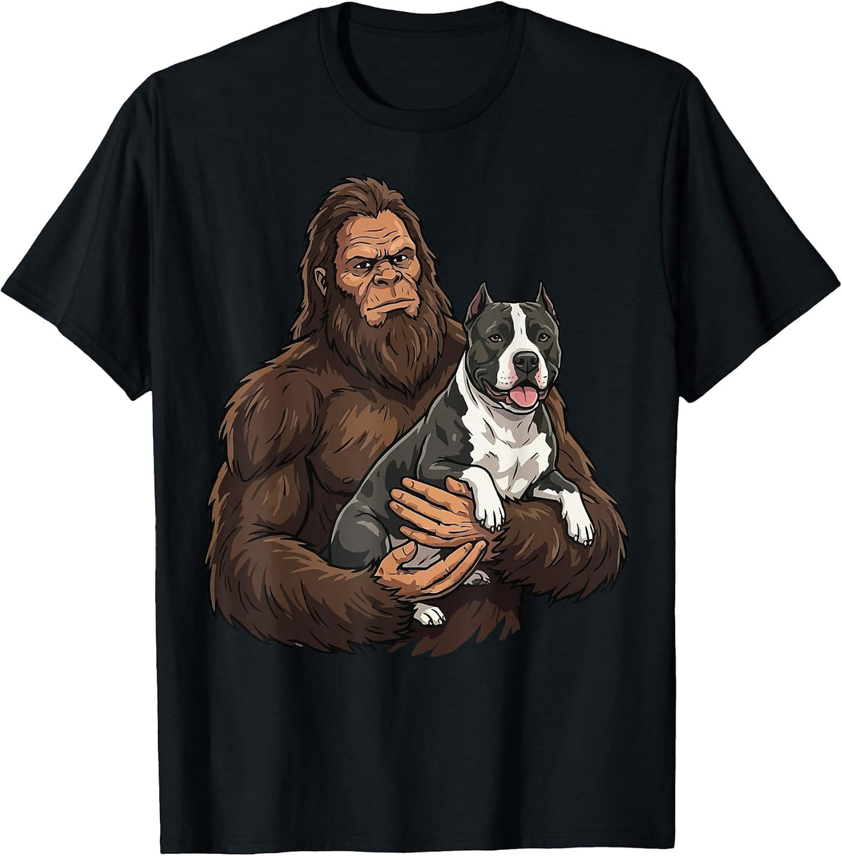 Bigfoot Holding Pitbull T-Shirt - Black