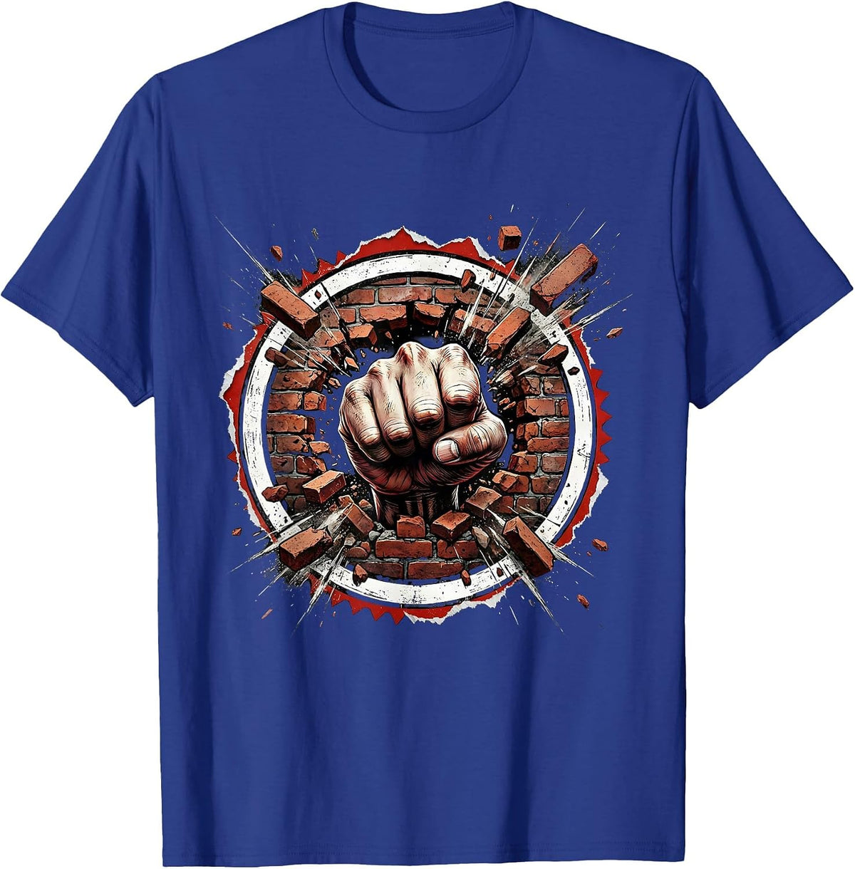 Rock Fist Punching Through Brick Wall Graphic T-Shirt - Royal Blue
