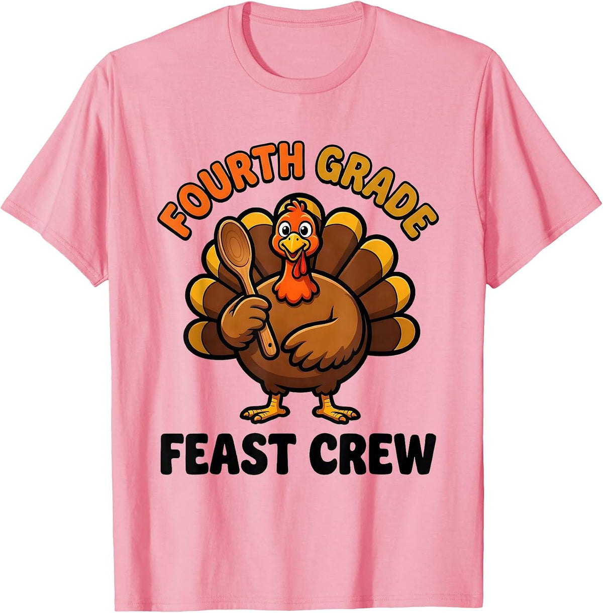 Men's Fourth Grade Feast Crew Cartoon Teacher Thanksgiving Crew T-Shirt - Pink