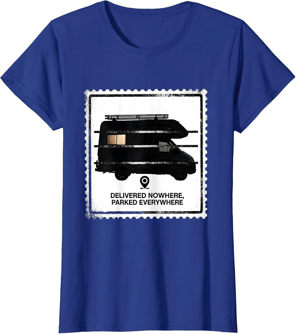 Women's Delivered Nowhere, Parked Everywhere Retro Van Life Van T-Shirt - Royal Blue