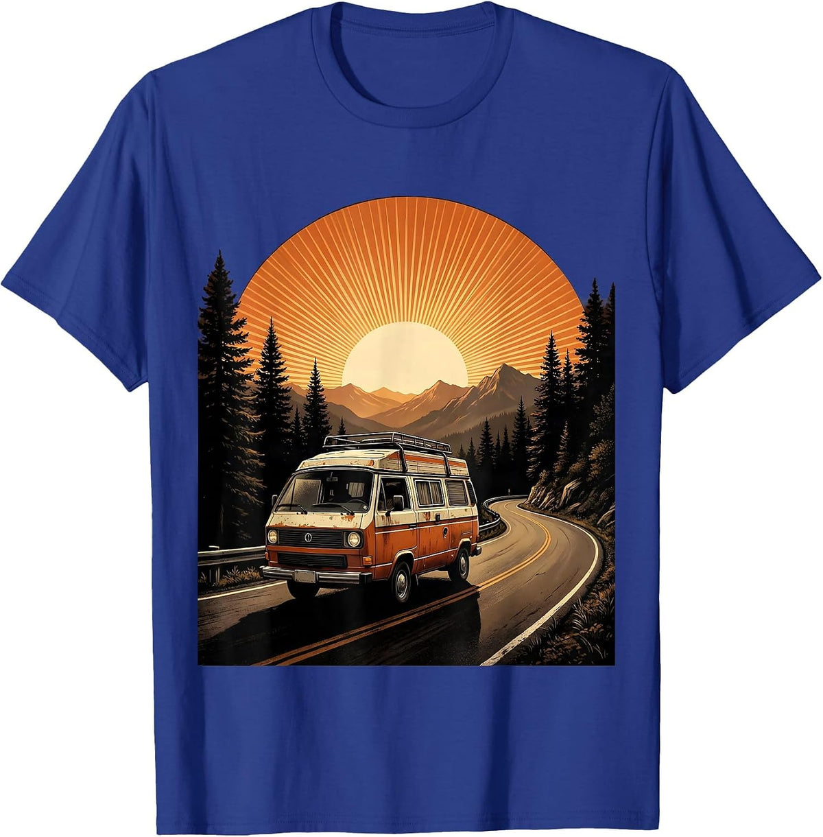 Retro Camper Van Sunset Mountain Road T-Shirt - Royal Blue