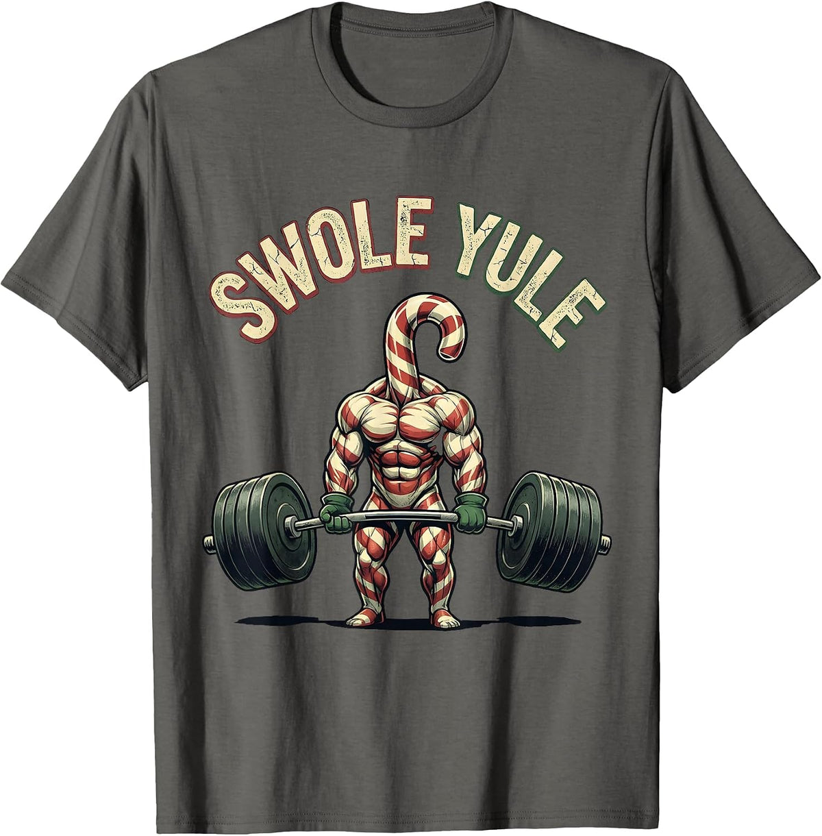 Men's Swole Yule Distressed Funny Christmas Gym Weightlifting T-Shirt - Asphalt Grey