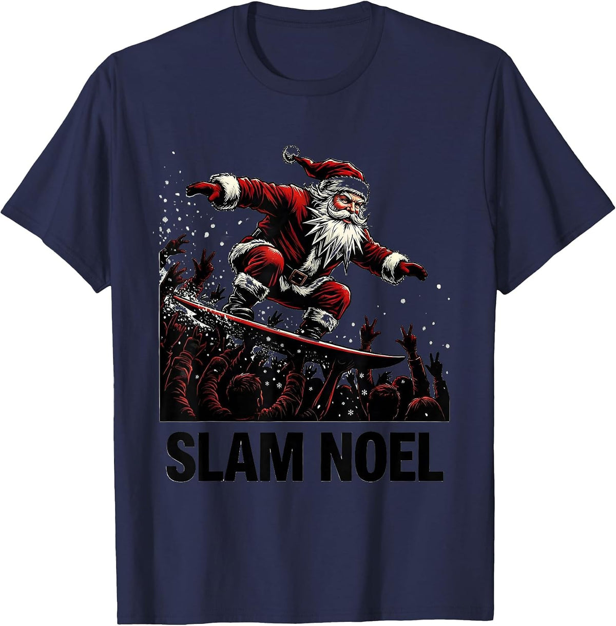 Slam Noel Funny Heavy Metal Christmas Rock On Santa T-Shirt - Navy Blue