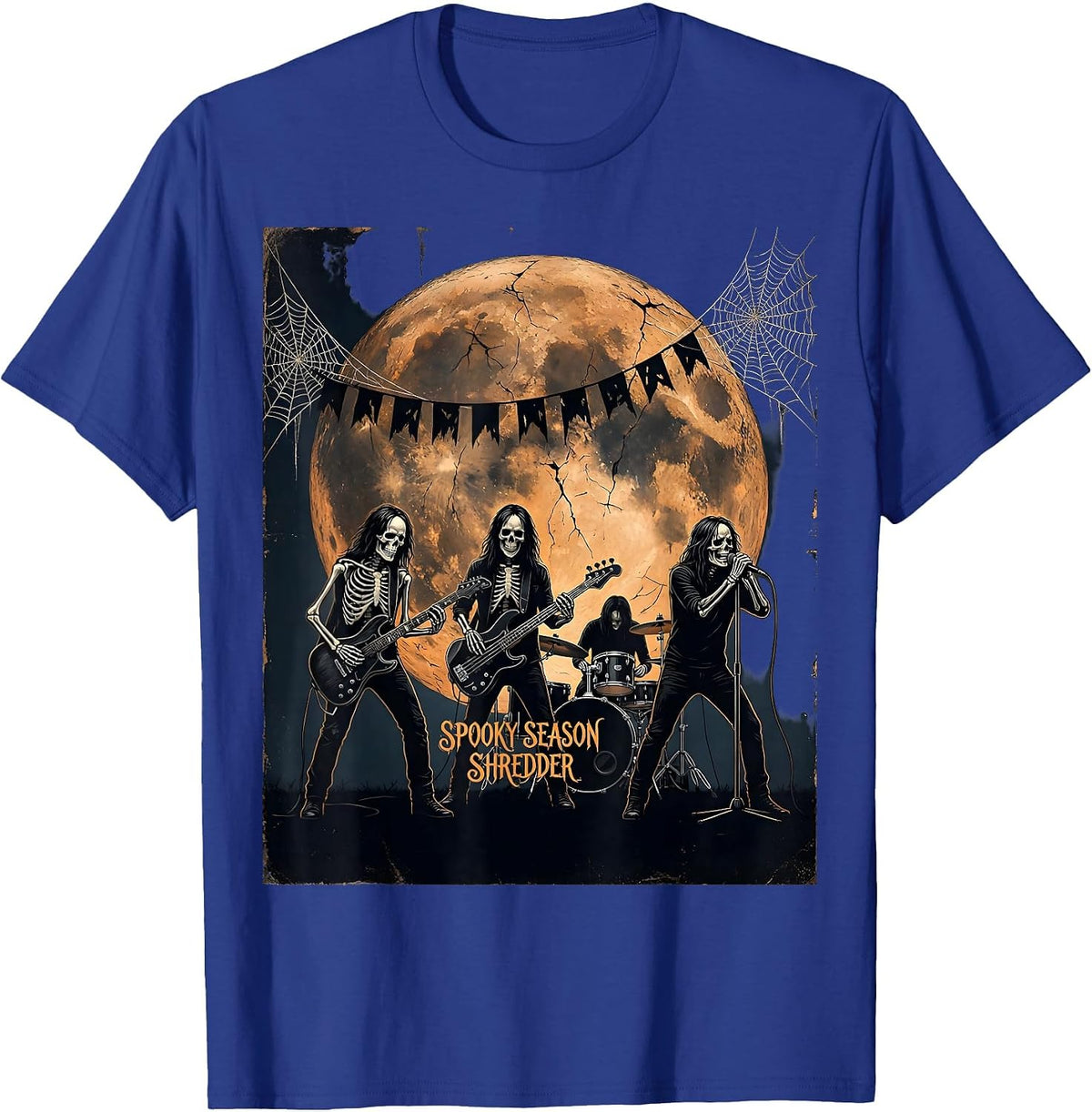Skeleton Rock Band Spooky Season Shredder Design T-Shirt - Royal Blue